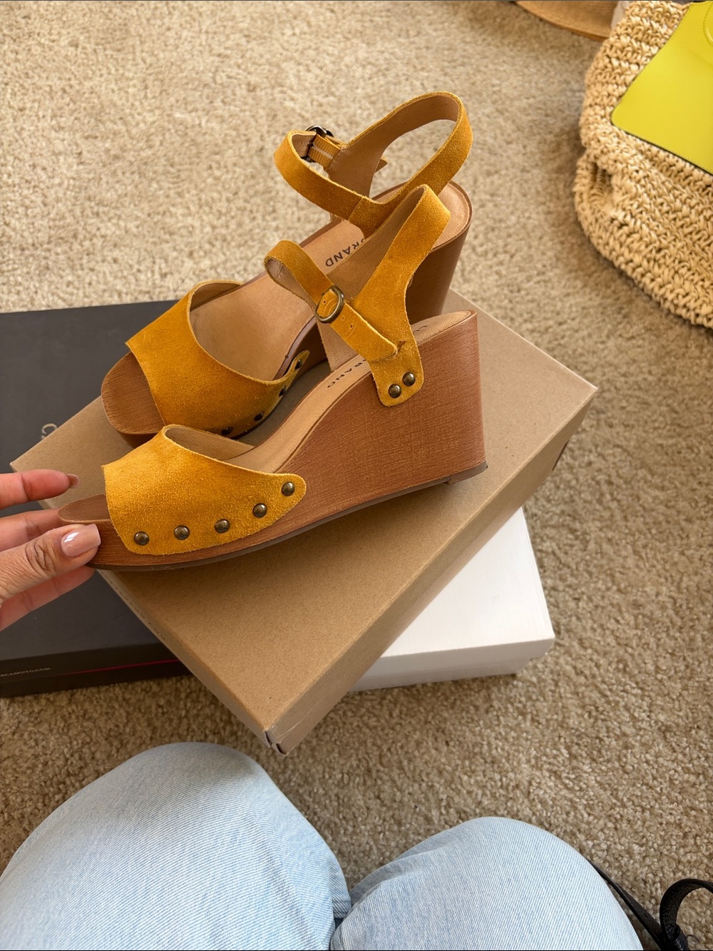 Lucky Brand Mustard Yellow Suede Wedge Sandals - Picture 4 of 4